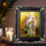 Fantasy Wall Art Print in Warm Golden Colors, Flowers Water and Fairy Artwork - "Autumn Reflections"