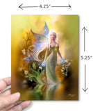 Greeting card featuring a delicate fairy in warm earth tones with foliage standing by a reflective pond by Primal Painter with dimensions