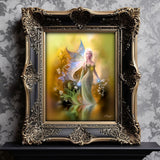 Fantasy Wall Art Print in Warm Golden Colors, Flowers Water and Fairy Artwork - "Autumn Reflections"