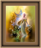 Fantasy Wall Art Print in Warm Golden Colors, Flowers Water and Fairy Artwork - "Autumn Reflections"