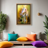 Fantasy Wall Art Print in Warm Golden Colors, Flowers Water and Fairy Artwork - "Autumn Reflections"