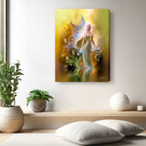 Fantasy Wall Art Print in Warm Golden Colors, Flowers Water and Fairy Artwork - "Autumn Reflections"