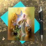 Small Fantasy Art Greeting Card, Fairy Illustration, Artsy Stationary, Birthday Holiday-"Autumn Reflection"