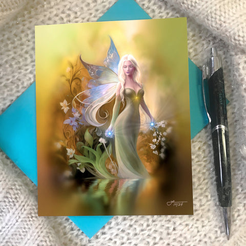 Greeting card featuring a delicate fairy in warm earth tones with foliage standing by a reflective pond by Primal Painter