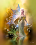 Fantasy Wall Art Print in Warm Golden Colors, Flowers Water and Fairy Artwork - "Autumn Reflections"