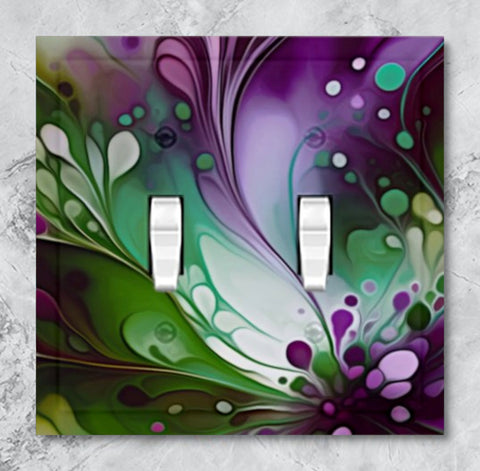 Double switch plate cover printed with flowing colors of plum, greens and white by Primal Painter