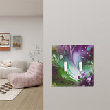 Double switch plate cover printed with flowing colors of plum, greens and white by Primal Painter on a wall