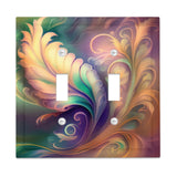 Art nouveau design of feathers and flourishes in warm pastel colors by Primal Painter printed on a double switch plate with beveled edges 