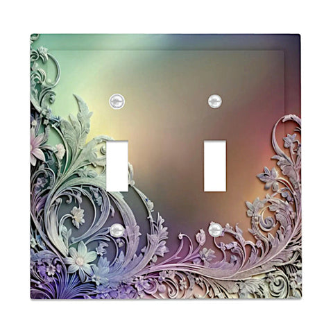 Beveled edge double switch plate featuring an ornate art nouveau design by Primal Painter in pastel colors