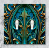 Art deco gothic medallion artwork in deep teal and gold printed on a double switch plate cover by Primal Painter