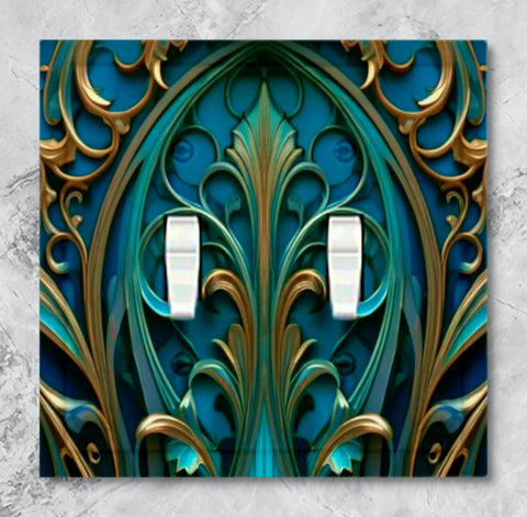 Art deco gothic medallion artwork in deep teal and gold printed on a double switch plate cover by Primal Painter