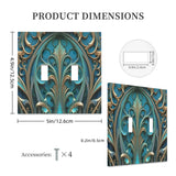 Art deco gothic medallion artwork in deep teal and gold printed on a double switch plate cover by Primal Painter with dimensions