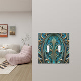 Art deco gothic medallion artwork in deep teal and gold printed on a double switch plate cover by Primal Painter on a wall