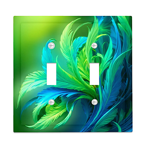 Beveled double switch plate with vivid green and blue feathery leaves