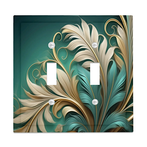 Beveled double switch plate with green and gold printed fern leaves in an art nouveau style