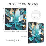 Double switch plate cover printed with a jeweled art nouveau style flower in blue and gold by Primal Painter and showing dimensions