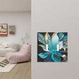 Double switch plate cover printed with a jeweled art nouveau style flower in blue and gold by Primal Painter on a wall