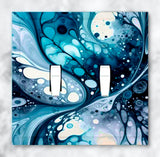 double switch plate featuring acrylic pour artwork print in blue, gray and navy by Primal Painter