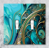 Abstract art design in teal and gold with art nouveau flourishes by Primal Painter printed on a double switch plate cover