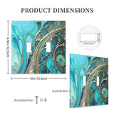 Abstract art design in teal and gold with art nouveau flourishes by Primal Painter printed on a double switch plate cover with dimensions