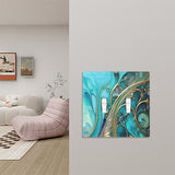 Abstract art design in teal and gold with art nouveau flourishes by Primal Painter printed on a double switch plate cover on a wall