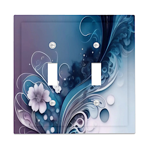 Beveled edge double switch plate featuring floral art nouveau design with flourishes by Primal Painter in blues, purple, and white.