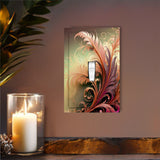 Printed single switch plate cover of a fall foliage in warm colors. Artwork by Primal Painter with art nouveau influences and shown on a wall over a shelf with a candle