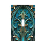 Art deco gothic medallion artwork in deep teal and gold printed on a single switch plate cover by Primal Painter