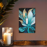 Single switch plate cover printed with a jeweled art nouveau style flower in blue and gold by Primal Painter on a wall above a shelf