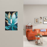 Single switch plate cover printed with a jeweled art nouveau style flower in blue and gold by Primal Painter on a wall