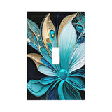 Single switch plate cover printed with a jeweled art nouveau style flower in blue and gold by Primal Painter. 