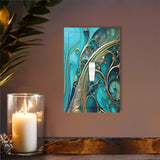 Abstract art design in teal and gold with art nouveau flourishes by Primal Painter printed on a single switch plate cover on a wall over a shelf with a candle