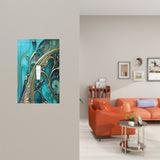 Abstract art design in teal and gold with art nouveau flourishes by Primal Painter printed on a single switch plate cover on a wall