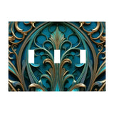 Art deco gothic medallion artwork in deep teal and gold printed on a triple switch plate cover by Primal Painter