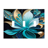 triple switch plate cover printed with a jeweled art nouveau style flower in blue and gold by Primal Painter. 