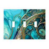 Abstract art design in teal and gold with art nouveau flourishes by Primal Painter printed on a triple switch plate cover