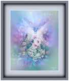 "Bloom" by Primal Painter has a mystical, dreamy vibe and features an ethereal subtle fairy among beautiful white flowers. Displayed matted and framed