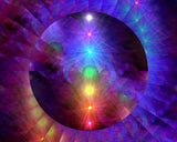 photo print of an orb with the seven chakra colors in a line against a spiraled background called "Chakra Healing" by Primal Painter