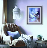 beautiful angel art by Primal Painter with a pale blue dress,white wings and hair floating in blue, purple, and white clouds matted and framed next to a chair