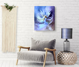 beautiful angel art by Primal Painter with a pale blue dress,white wings and hair floating in blue, purple, and white clouds as a stretched canvas print hanging over a chair