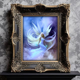 beautiful angel art by Primal Painter with a pale blue dress,white wings and hair floating in blue, purple, and white clouds in a frame