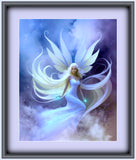 beautiful angel art by Primal Painter with a pale blue dress,white wings and hair floating in blue, purple, and white clouds, matted and framed