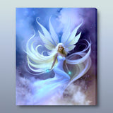 beautiful angel art by Primal Painter with a pale blue dress,white wings and hair floating in blue, purple, and white clouds as a stretched canvas print