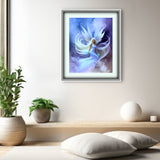 beautiful angel art by Primal Painter with a pale blue dress,white wings and hair floating in blue, purple, and white clouds matted and framed over a bench