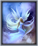 beautiful angel art by Primal Painter with a pale blue dress,white wings and hair floating in blue, purple, and white clouds in a frame