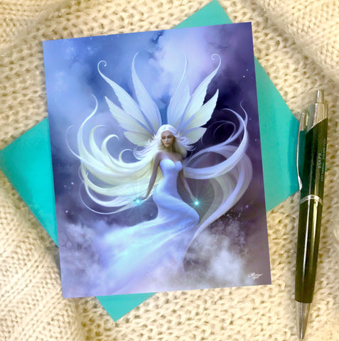 Angel Art Greeting Card, Celestial Stationary, Birthday Notecard-"Cloud Floater"