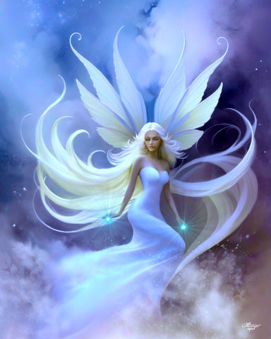 beautiful angel art by Primal Painter with a pale blue dress,white wings and hair floating in blue, purple, and white clouds