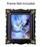 beautiful angel art by Primal Painter with a pale blue dress,white wings and hair floating in blue, purple, and white clouds in a frame