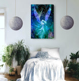 Mystical angel artwork in deep blues, purple, teal and black with an art nouveau feathery foliage border by Primal Painter printed as a stretched canvas and hanging above a bed