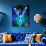 Mystical angel artwork in deep blues, purple, teal and black with an art nouveau feathery foliage border by Primal Painter printed as a stretched canvas and hanging over a blue couch